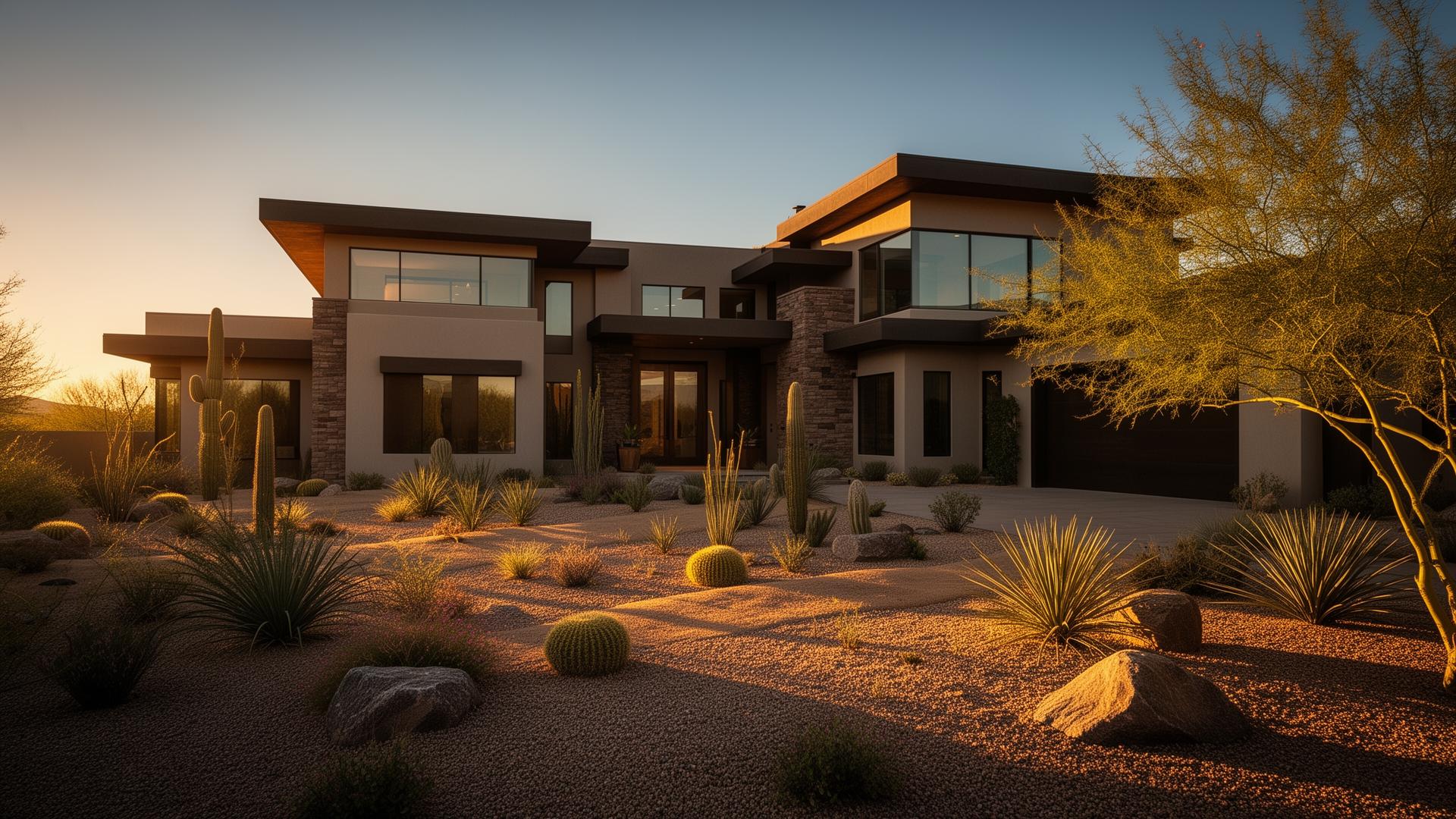 Modern Phoenix home with desert landscaping at golden hour